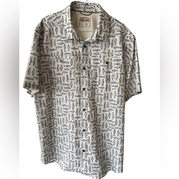 🐟 🎣 NWT Lake & Trail Men's Blue Fish Print Shirt size L - Picture 1 of 8